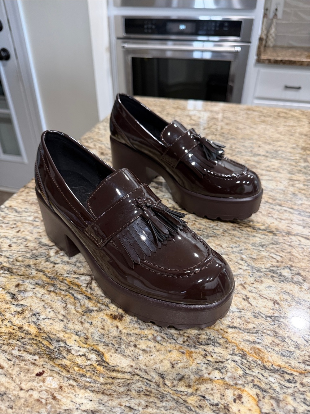 Patent Tassel Chunky Platform Loafers in Dark Brown